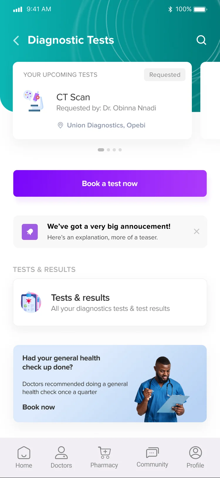 Diagnostic tests screen