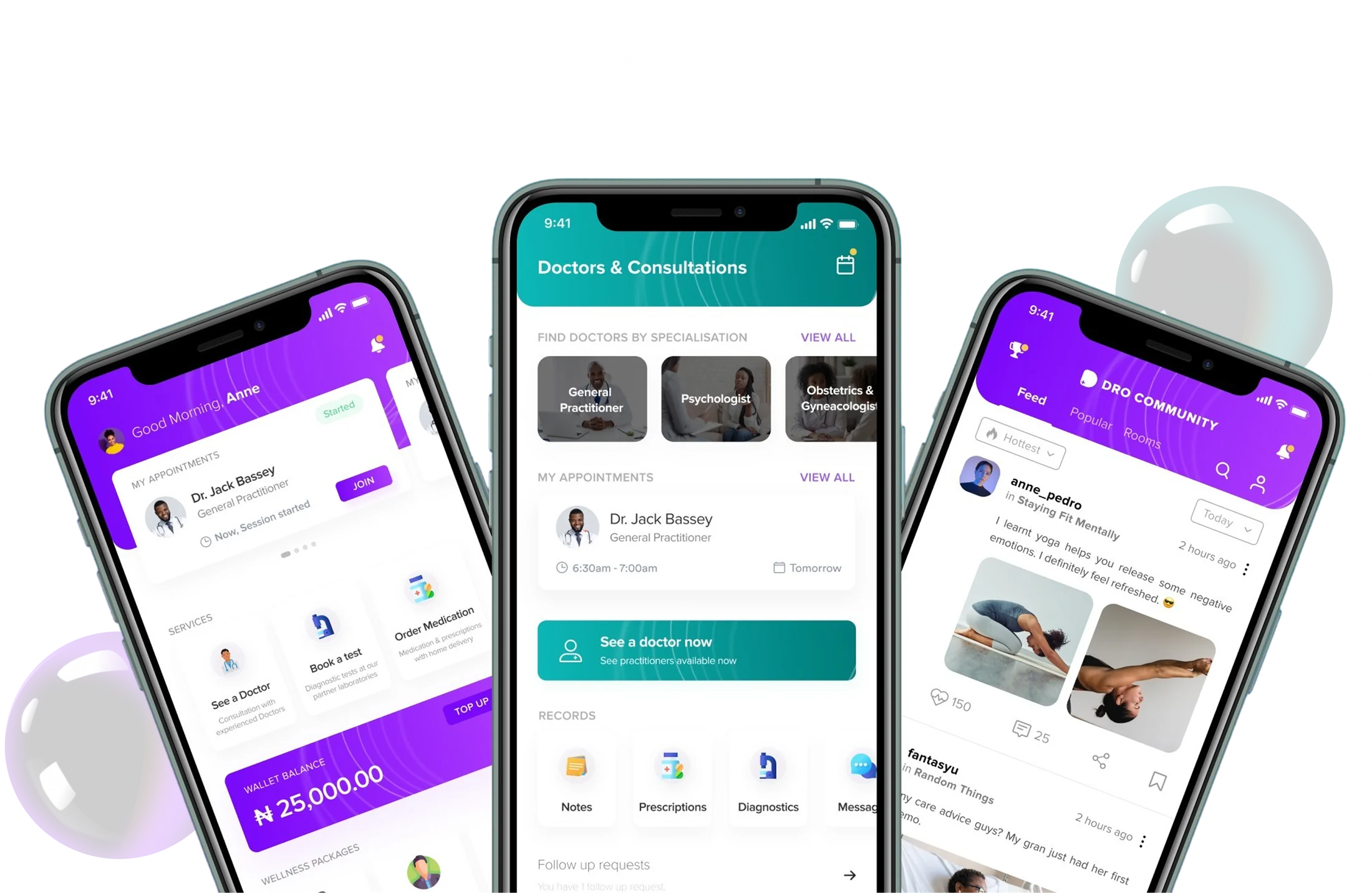 DRO Health — home dashboard, doctors and consultations, and community feed across three app screens