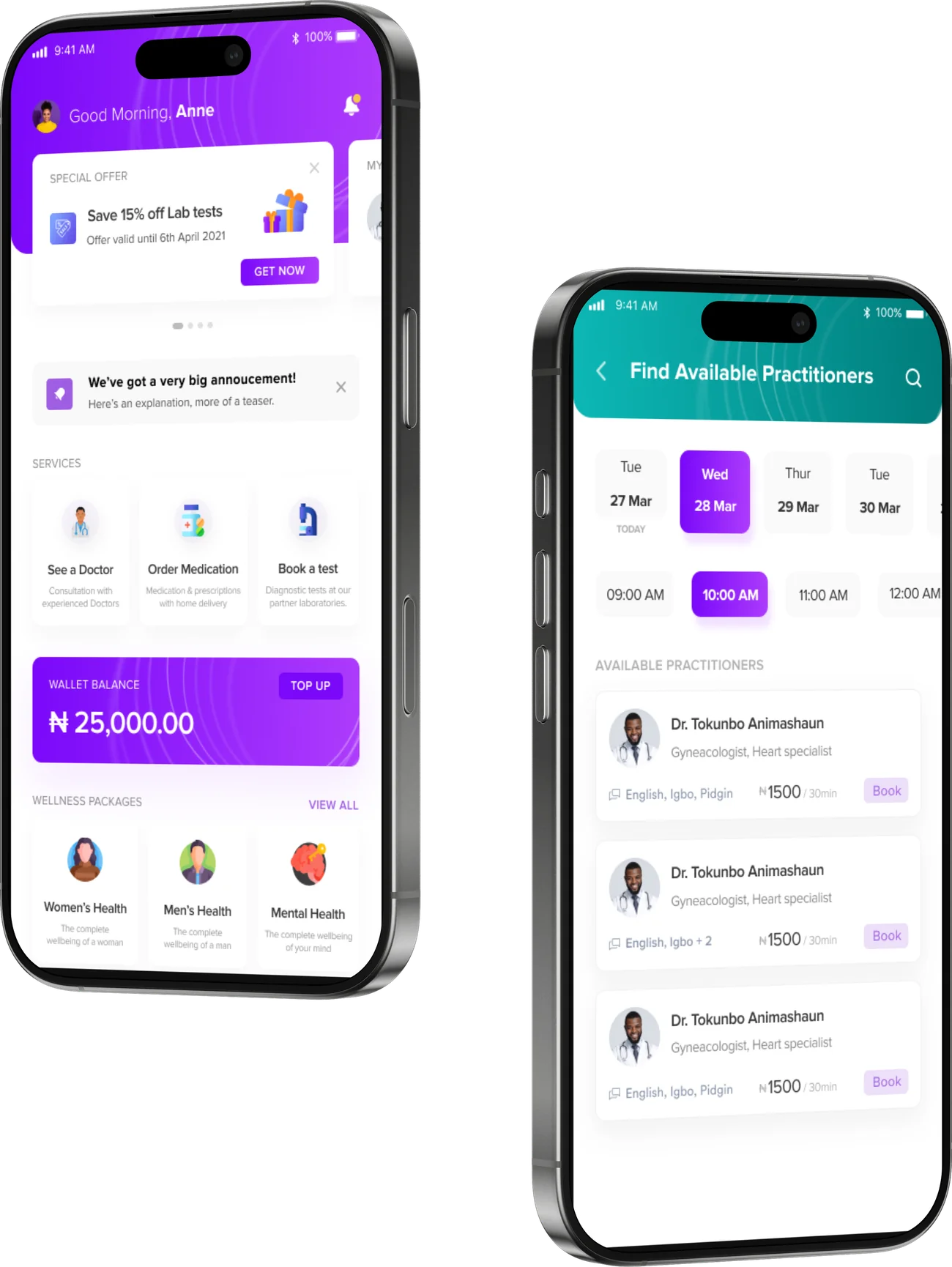 DRO Health home dashboard and find-available-practitioners date and time scheduling screens
