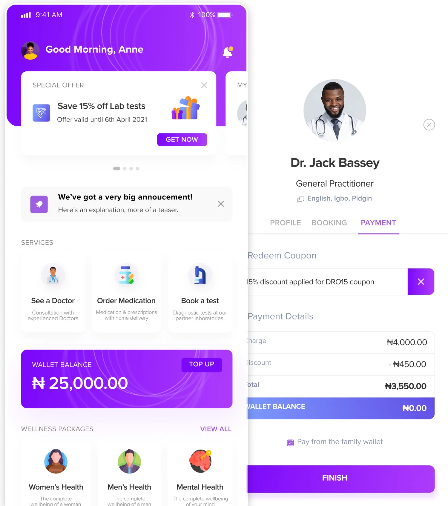 DRO Health home dashboard and doctor payment screen with coupon redemption