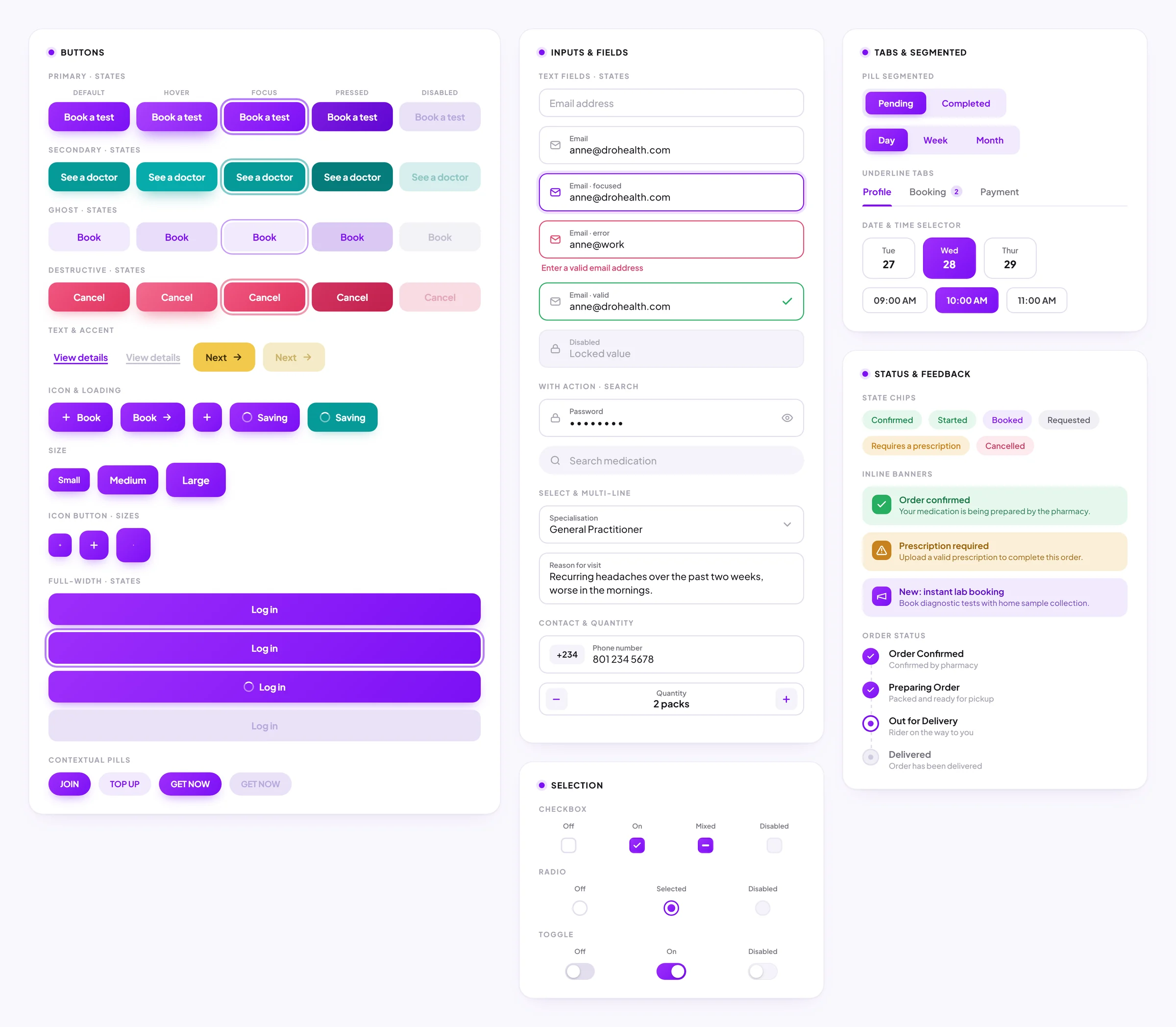 DRO Health design system — buttons, inputs, selection controls, tabs and segmented controls, status chips and the order-status timeline, with full states and variants