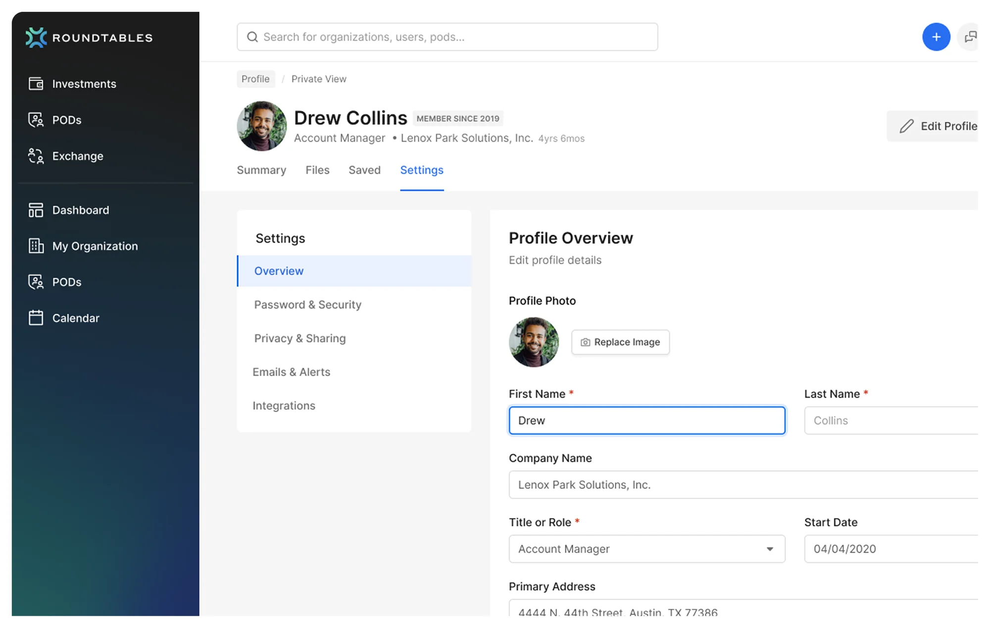 RoundTables member profile and settings with privacy controls