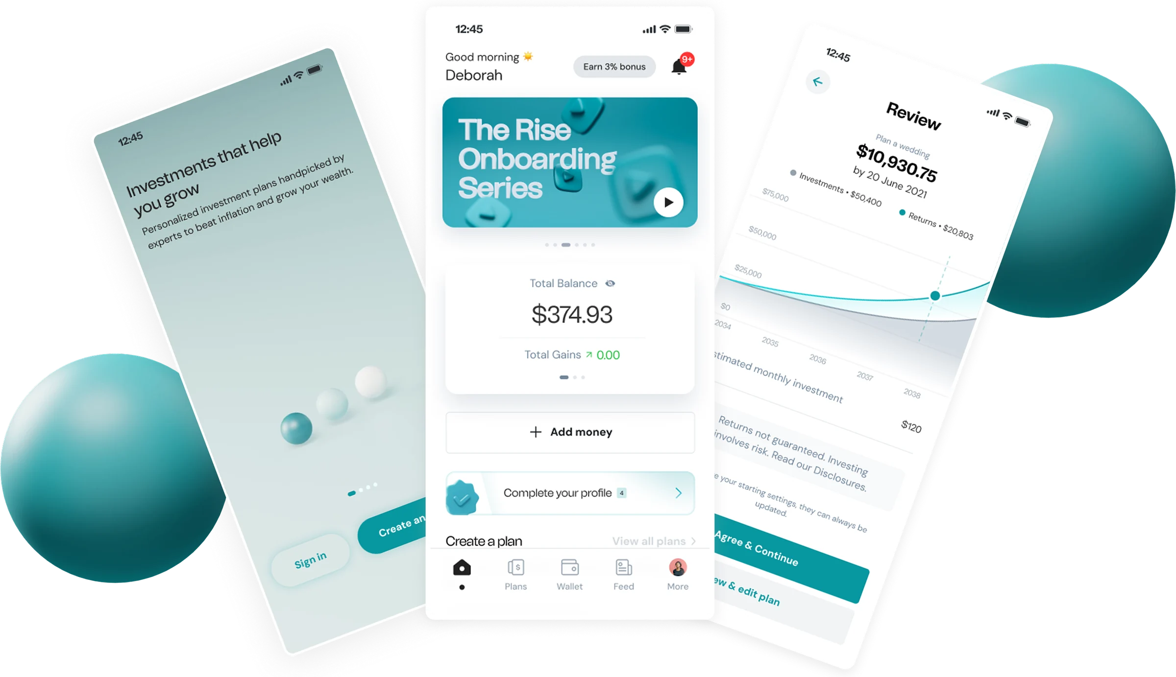 Rise mobile app — onboarding, home dashboard and plan review screens
